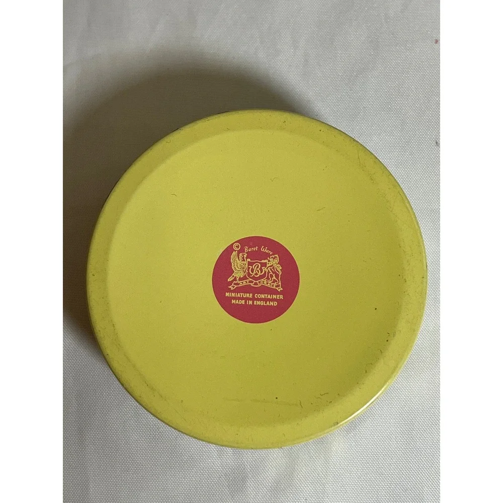 Vintage Baret Ware Miniature Tin England Yellow Colonial Couple Trinket Pill Box